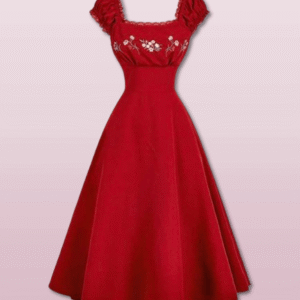 Embroidered Shell Cleeve Burgundy Mid- Length Dress